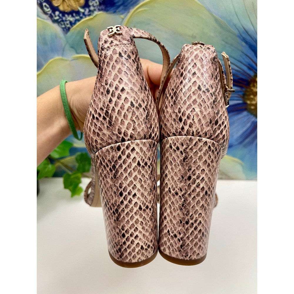 New Sam Edelman Yaro Snakeskin Embossed Block Heel Sandals Neutral 8.5M - Picture 5 of 8